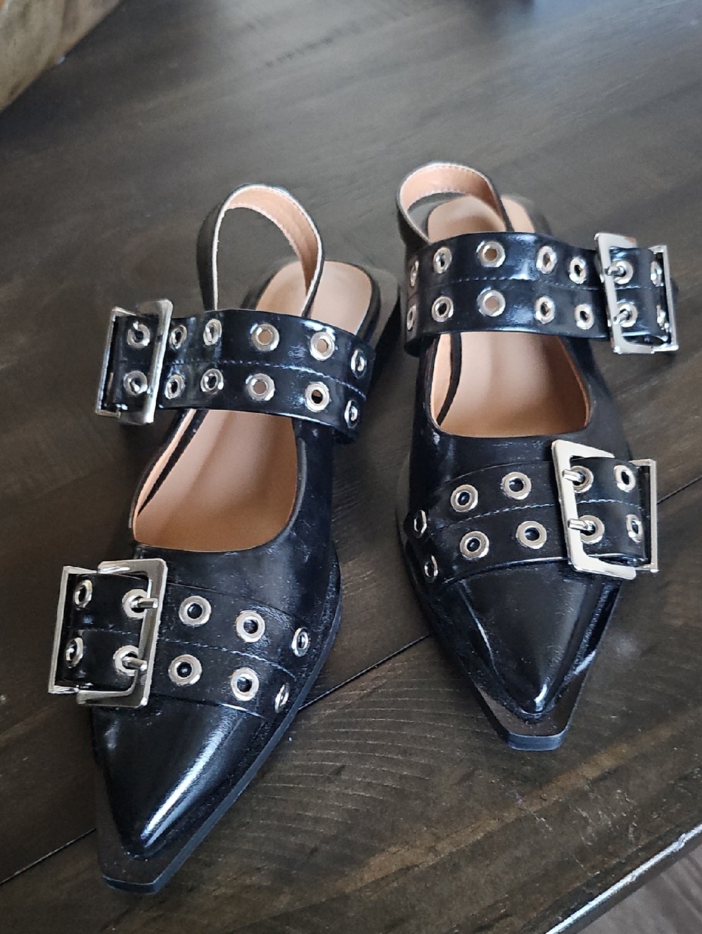 Black Grommet Buckle Pointed-Toe Slingback Flats
